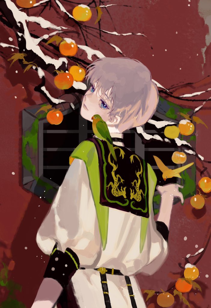 1boy animal_on_shoulder ashuijing bare_tree belt belt_buckle bird bird_on_hand bird_on_shoulder black_belt black_capelet black_pants blue_eyes brown_hair buckle buttons capelet closed_mouth cowboy_shot dragon_print eyelashes food from_behind fruit light_smile lips long_sleeves looking_at_viewer looking_back male_focus original outdoors outstretched_hand pants parrot persimmon puffy_long_sleeves puffy_sleeves shadow shirt short_hair sleeves_past_elbows snowing solo tree white_shirt white_sleeves window