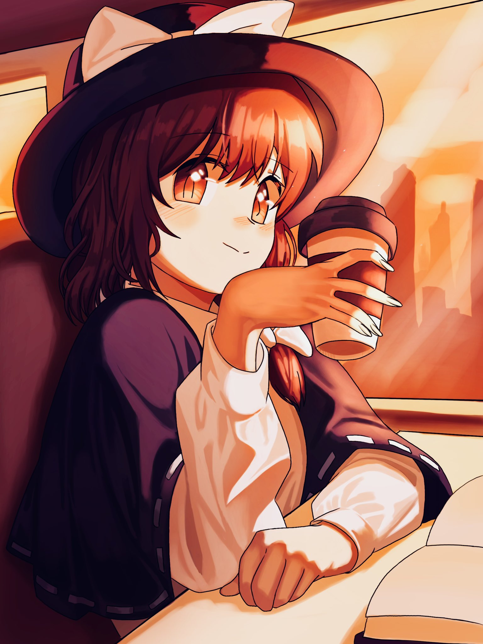 1girl black_capelet black_headwear book bow brown_eyes brown_hair capelet closed_mouth coffee_cup commentary_request cup disposable_cup fedora hat hat_bow highres indoors long_sleeves pov puffy_sleeves shirt single_sidelock smile solo sunset table touhou turtle-kun usami_renko white_bow white_shirt window
