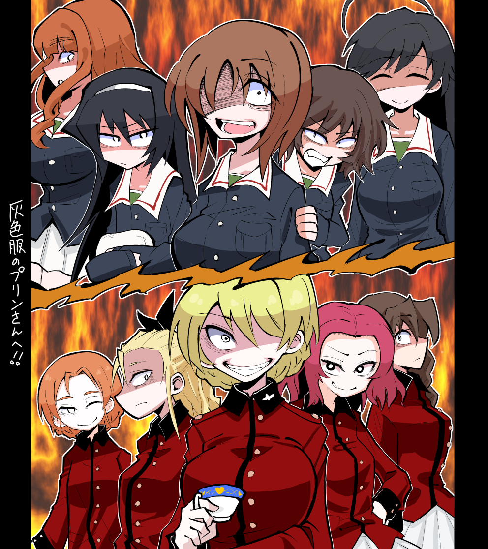 6+girls ahoge assam_(girls_und_panzer) bags_under_eyes black_hair black_ribbon blonde_hair blue_jacket blunt_bangs braid braided_ponytail brown_hair closed_mouth commentary_request commission constricted_pupils crazy_eyes cup darjeeling_(girls_und_panzer) frown girls_und_panzer green_shirt grimace grin hair_over_shoulder hair_pulled_back hair_ribbon hairband hand_on_own_hip holding holding_cup holding_pillow jacket long_hair long_sleeves looking_at_viewer medium_hair military_uniform miniskirt multiple_girls nishizumi_miho nuka_cola06 one_eye_closed ooarai_military_uniform orange_hair orange_pekoe_(girls_und_panzer) partial_commentary peeking_out pillow pixiv_commission pleated_skirt red_jacket redhead ribbon rosehip_(girls_und_panzer) rukuriri_(girls_und_panzer) shirt short_hair single_braid skirt smile smirk st._gloriana's_military_uniform teacup translated twin_braids uniform white_hairband white_skirt