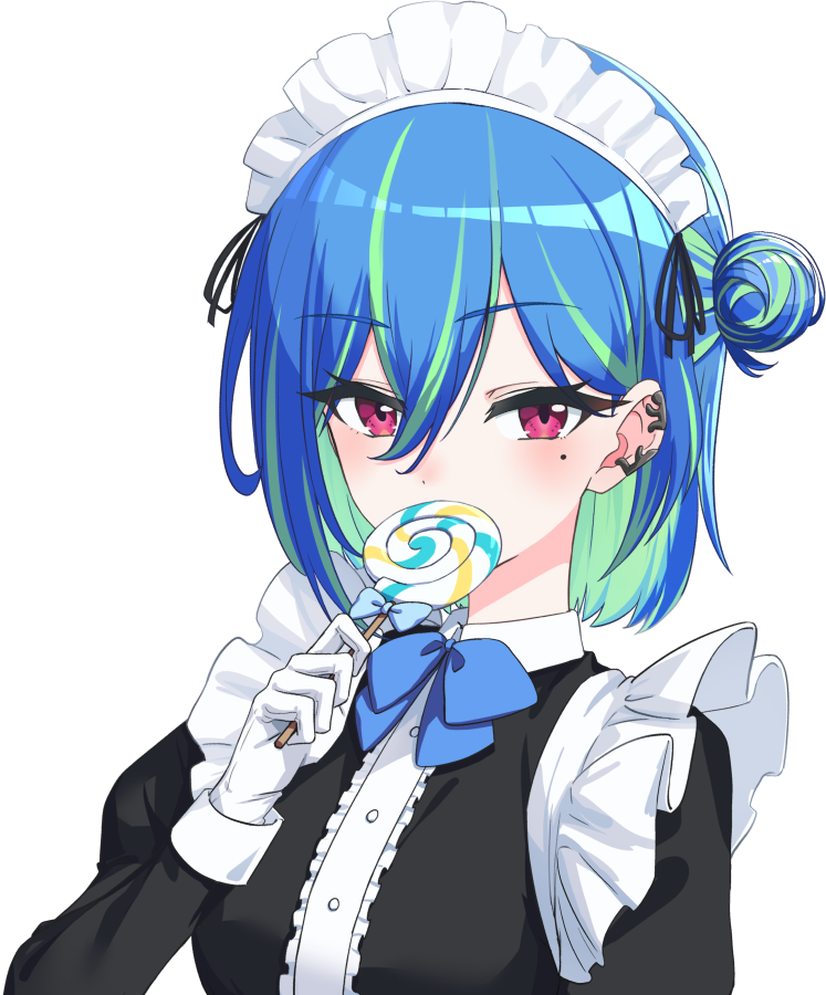 1girl alternate_costume apron black_dress blue_bow blue_bowtie blue_hair blush bow bowtie buttons candy center_frills commentary_request double_bun dress enmaided food frilled_apron frills gloves green_hair hair_between_eyes hair_bun lollipop long_bangs looking_at_viewer maid maid_apron maid_headdress mole mole_under_eye multicolored_hair nanashi_inc. ougimaneki pink_eyes short_hair simple_background solo suzumi_nemo swirl_lollipop transparent_background two-tone_hair upper_body virtual_youtuber white_apron white_gloves