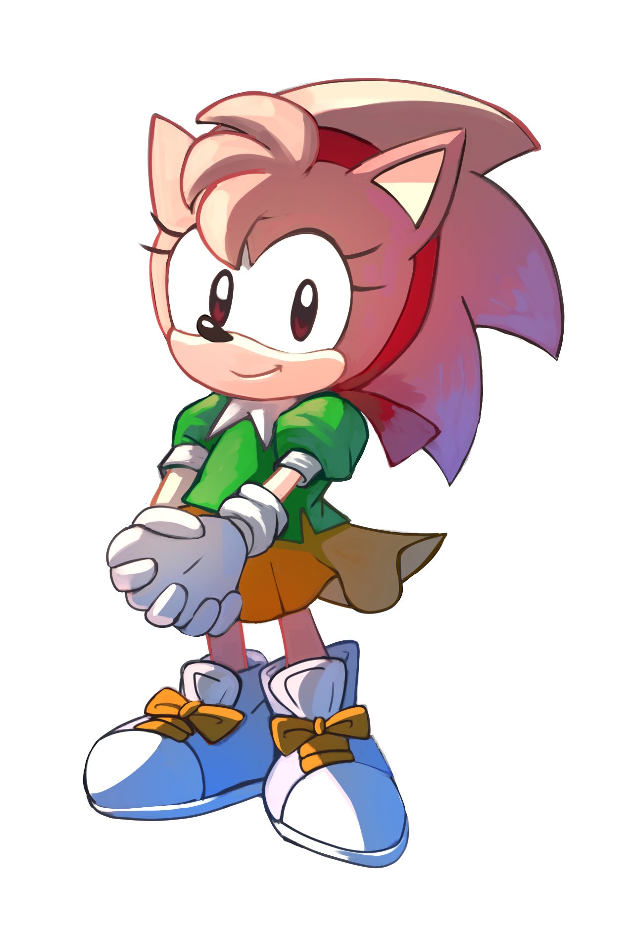 1girl amy_rose full_body furry furry_female gloves green_shirt hairband highres looking_at_viewer orange_skirt own_hands_clasped own_hands_together plus2sf puffy_short_sleeves puffy_sleeves red_hairband shirt shoes short_sleeves simple_background skirt smile sneakers solo sonic_(series) sonic_the_hedgehog_(classic) white_background white_footwear white_gloves