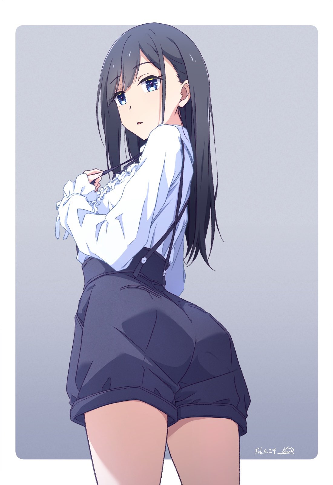 1girl black_hair black_shorts blue_eyes commentary_request dated from_behind highres long_hair long_sleeves looking_at_viewer monai-chan_(nii_manabu) nii_manabu original shirt shorts signature solo thighs white_shirt