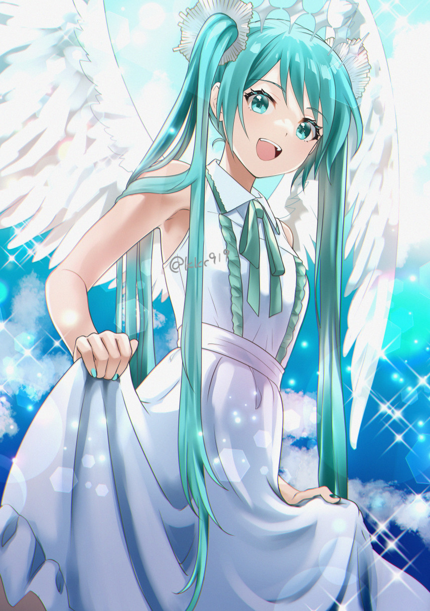1girl angel_wings aqua_eyes aqua_hair aqua_nails blue_sky clothes_lift clouds colored_eyelashes dress dress_lift green_ribbon halo happy hatsune_miku highres kikuchi_mataha long_hair looking_at_viewer open_mouth ribbon sky smile solo sparkle teeth twintails twitter_username upper_body upper_teeth_only very_long_hair vocaloid wings