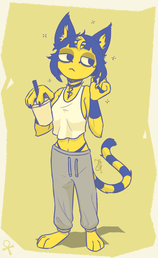 1girl ankh ankh_necklace ankha_(animal_crossing) barefoot blue_hair cat crop_top cup feet female furry grey_pants midriff navel paws straw sweatpants tail_wagging