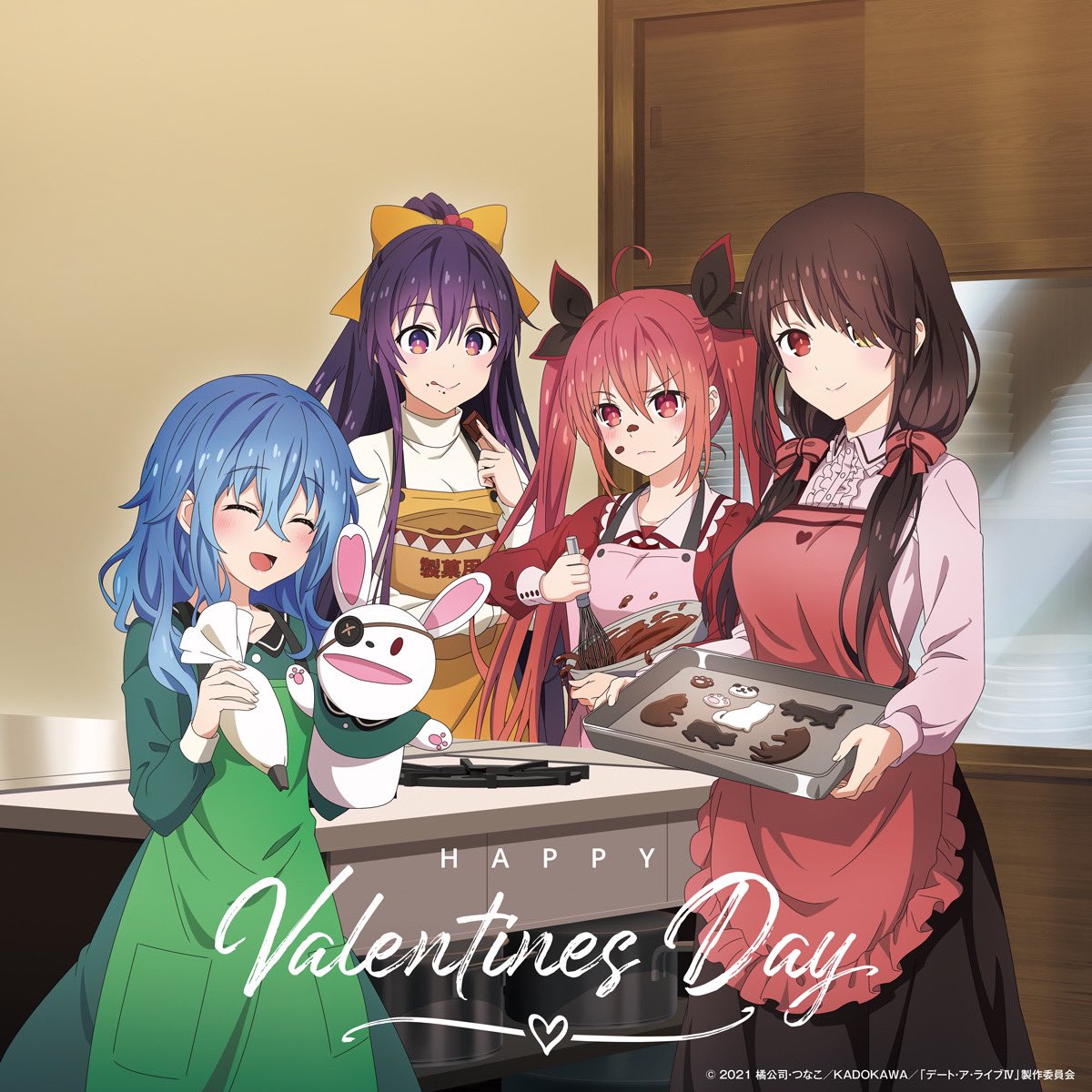 4girls apron black_hair chocolate closed_eyes date_a_live eyepatch green_apron happy_valentine highres holding holding_whisk indoors itsuka_kotori mixing_bowl multiple_girls official_art open_mouth pink_apron purple_hair red_apron red_eyes redhead smile tokisaki_kurumi violet_eyes whisk yatogami_tooka yoshino_(date_a_live) yoshinon