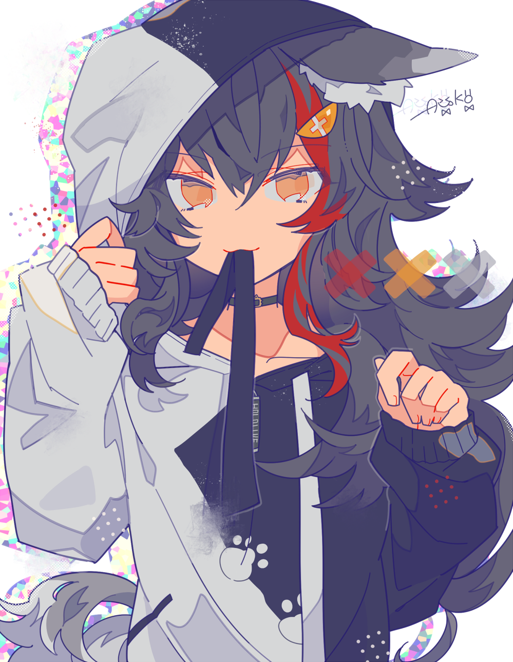 1girl :3 animal_ear_fluff animal_ears auko black_hair black_hoodie clothes_in_mouth commentary_request highres hololive hood hoodie long_hair looking_at_viewer messy_hair multicolored_hair no_nose ookami_mio ookami_mio_(3rd_costume) redhead shadow signature simple_background smile solo streaked_hair tail two-tone_hoodie upper_body virtual_youtuber white_background white_hoodie wolf_ears wolf_girl wolf_tail x yellow_eyes