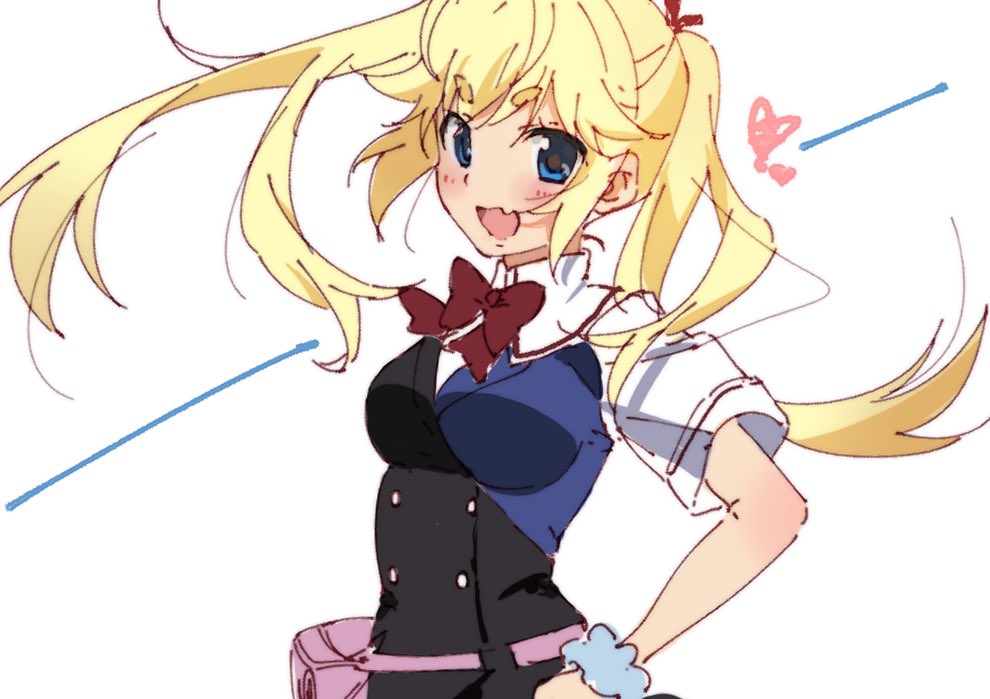 1girl blonde_hair blue_eyes blush bow breasts collared_shirt commentary fang floating_hair grisaia_(series) grisaia_no_kajitsu hand_on_own_hip heart long_hair looking_at_viewer matsushima_michiru medium_breasts niii open_mouth red_bow school_uniform shirt short_eyebrows simple_background skin_fang smile solo symbol-only_commentary thick_eyebrows twintails upper_body white_background white_shirt
