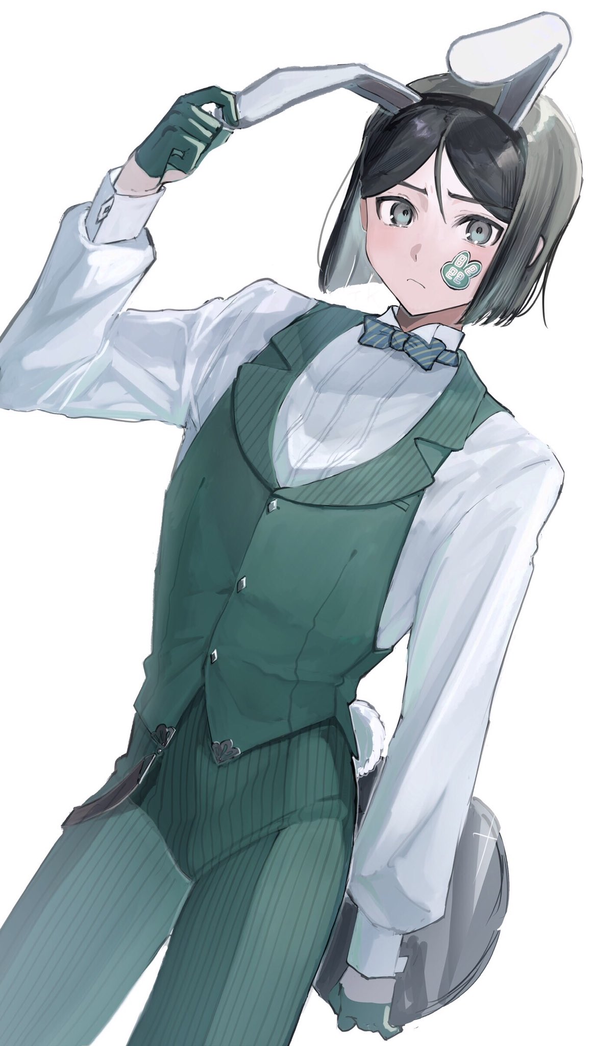 1boy animal_ear_headwear animal_ears black_gloves black_hair bow bowtie closed_mouth cowboy_shot fake_animal_ears fate/zero fate_(series) gloves green_pants green_vest grey_eyes highres holding holding_tray long_sleeves looking_at_viewer male_focus pants rabbit_ears rabbit_tail shirt short_hair simple_background solo sticker_on_face striped_bow striped_bowtie striped_clothes tail tokoni_fusu tray vest waver_velvet white_background white_shirt