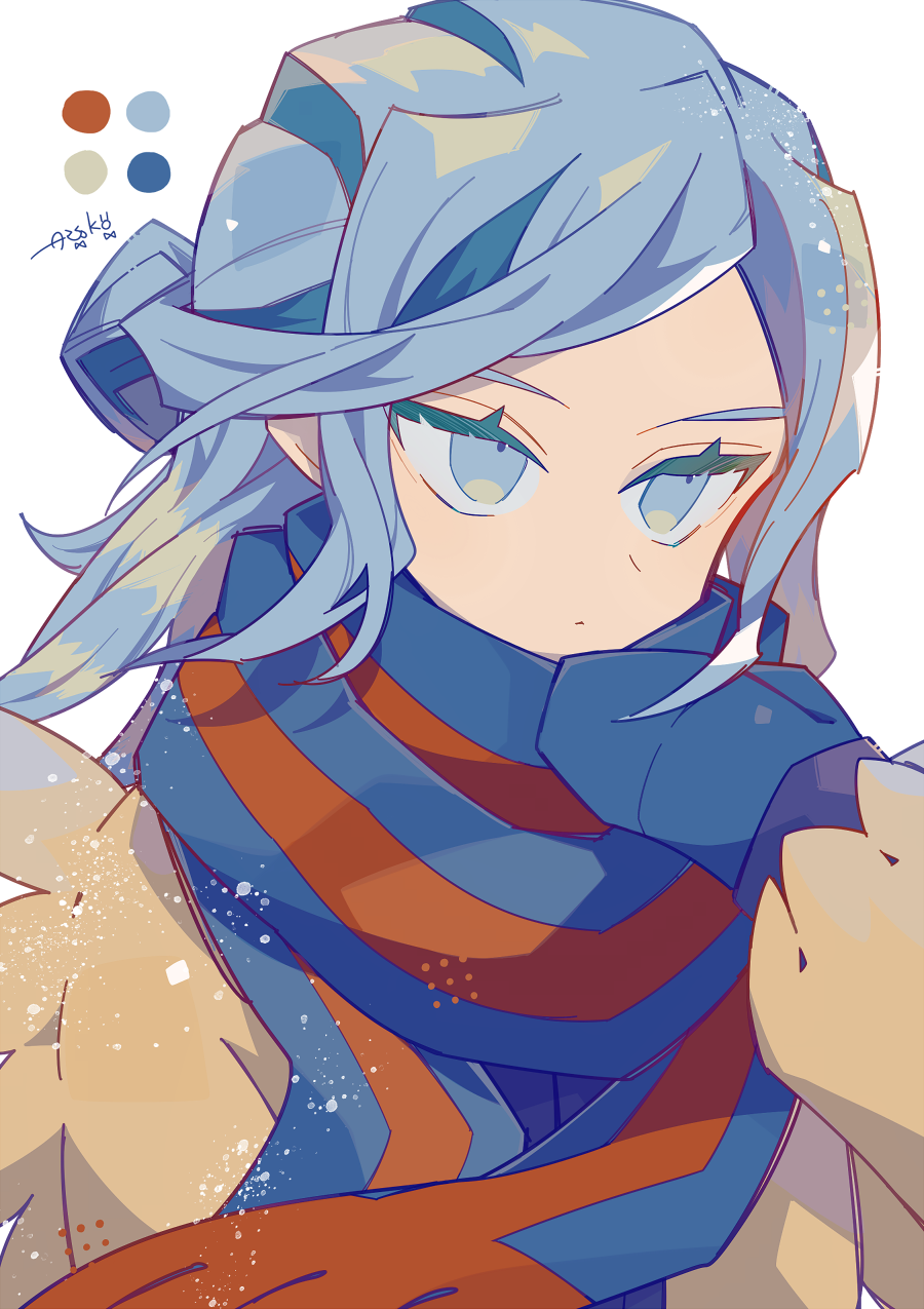 1boy auko bad_hands blue_eyes blue_hair blue_mittens blue_scarf brown_jacket color_guide commentary_request dot_mouth grusha_(pokemon) highres jacket light_blue_hair long_hair looking_to_the_side male_focus mittens pokemon pokemon_sv red_scarf scarf signature simple_background solo two-tone_scarf upper_body white_background