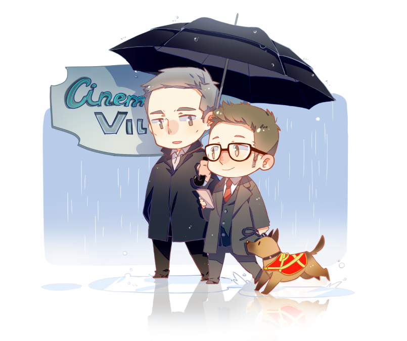 2boys bear_(person_of_interest) black_suit brown_hair dog eye_contact full_body glasses grey_hair hair_slicked_back harold_finch_(person_of_interest) holding holding_umbrella john_reese_(person_of_interest) lingcat long_sideburns looking_at_another male_focus mature_male multicolored_hair multiple_boys person_of_interest puddle rain reflection reflective_water short_hair side-by-side sideburns smile streaked_hair suit umbrella walking