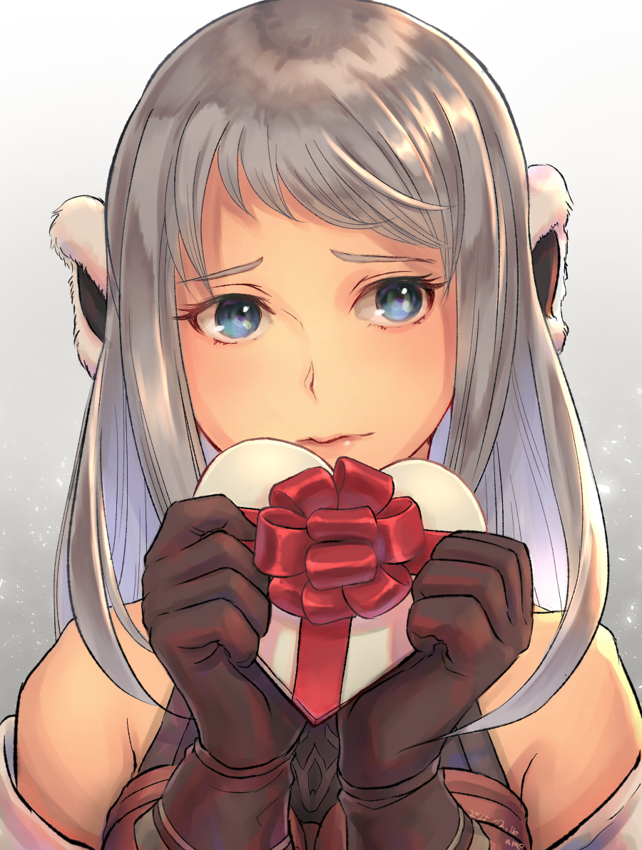 arciela_v_adoulin blue_eyes bonnet bow brown_gloves cactus41747280 candy chocolate detached_sleeves embarrassed food gloves grey_hair heart heart-shaped_chocolate medium_hair red_bow red_ribbon ribbon valentine