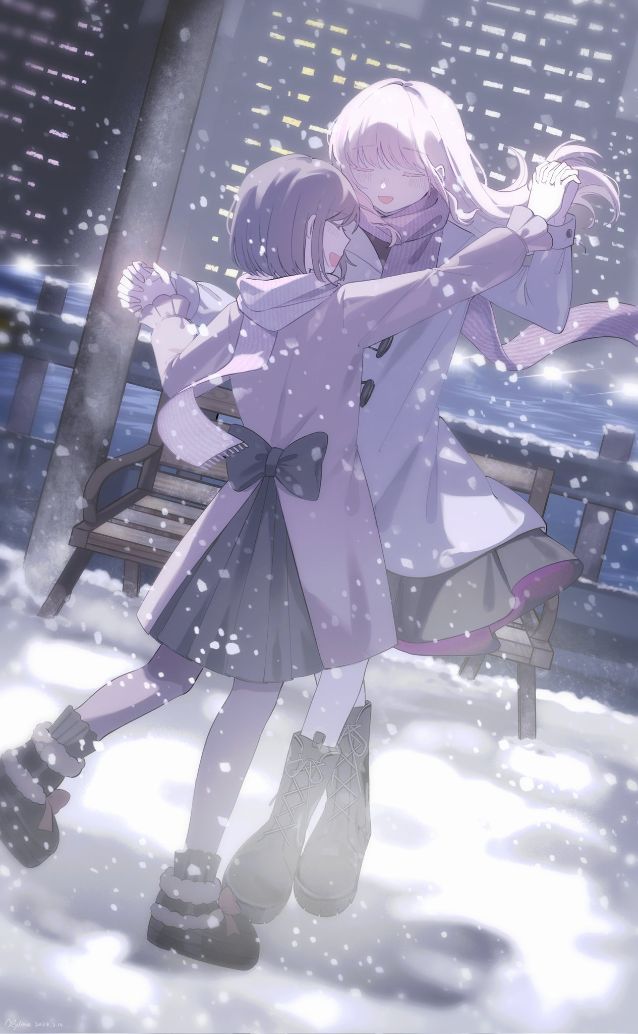 1girl 1other akiyama_mizuki back_bow bench boots bow brown_hair city closed_eyes coat commentary dancing duffel_coat highres holding_hands hood hood_down hooded_coat kyline long_hair long_sleeves night open_mouth outdoors pantyhose pink_hair project_sekai scarf shinonome_ena short_hair smile snow snowing