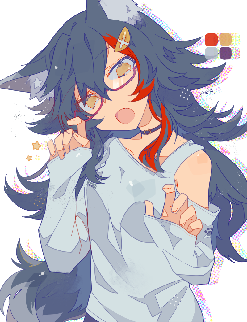 1girl animal_ear_fluff animal_ears auko black_hair clothing_cutout color_guide commentary_request glasses hololive hood hoodie long_hair looking_at_viewer messy_hair multicolored_hair ookami_mio ookami_mio_(3rd_costume) rectangular_eyewear red-framed_eyewear redhead shirt shoulder_cutout signature simple_background single_bare_shoulder sleeves_past_wrists solo star_(symbol) streaked_hair tail upper_body virtual_youtuber white_background white_shirt wolf_ears wolf_girl wolf_tail yellow_eyes