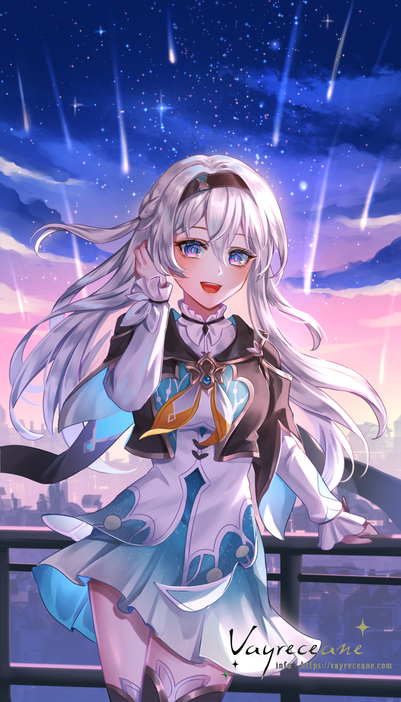 1girl :d against_railing arm_support artist_name black_cape black_hairband black_jacket black_thighhighs blue_eyes blue_pupils blue_skirt blush cape clouds collared_shirt contrapposto cowboy_shot cropped_jacket evening firefly_(honkai:_star_rail) floating_hair grey_hair hair_between_eyes hair_intakes hairband hand_in_own_hair highres honkai:_star_rail honkai_(series) jacket legs_together long_hair looking_at_viewer miniskirt neckerchief night night_sky open_mouth orange_neckerchief outdoors pink_eyes pleated_skirt railing shirt shooting_star sidelocks skirt sky smile solo sparkle star_(sky) starry_sky teeth thigh-highs two-tone_eyes upper_teeth_only vayreceane white_shirt wind zettai_ryouiki