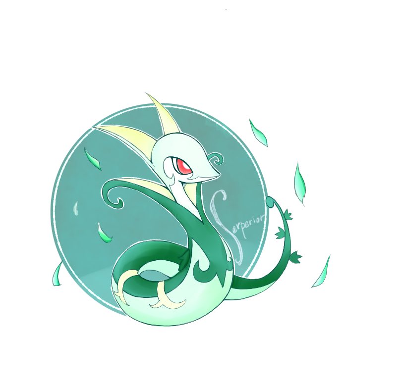 animal_focus bright_pupils character_name colored_skin fireblast green_background green_skin leaf no_humans pokemon pokemon_(creature) red_eyes serperior snake tail two-tone_background white_background white_pupils