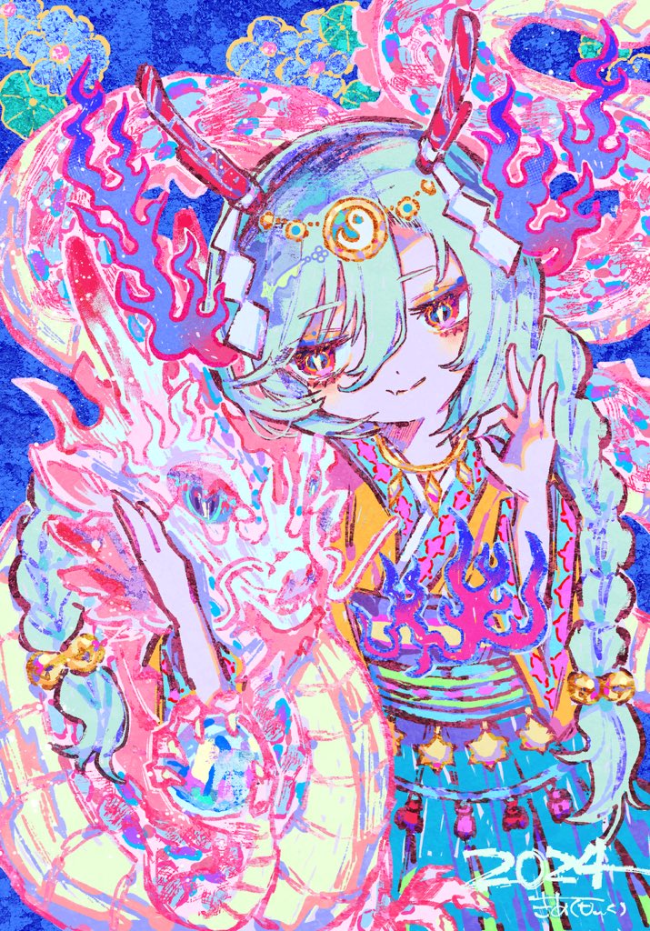 1girl antlers blue_fire blue_hair blue_skirt braid chinese_zodiac closed_mouth colorful commentary cowboy_shot dragon eastern_dragon english_commentary fang fire hair_between_eyes hand_up head_chain holding_orb horns japanese_clothes jewelry kiato kimono long_hair long_sleeves looking_to_the_side necklace ok_sign original red_eyes red_horns shide skin_fang skirt smile solo standing star_(symbol) twin_braids very_long_hair wide_sleeves year_of_the_dragon yin_yang