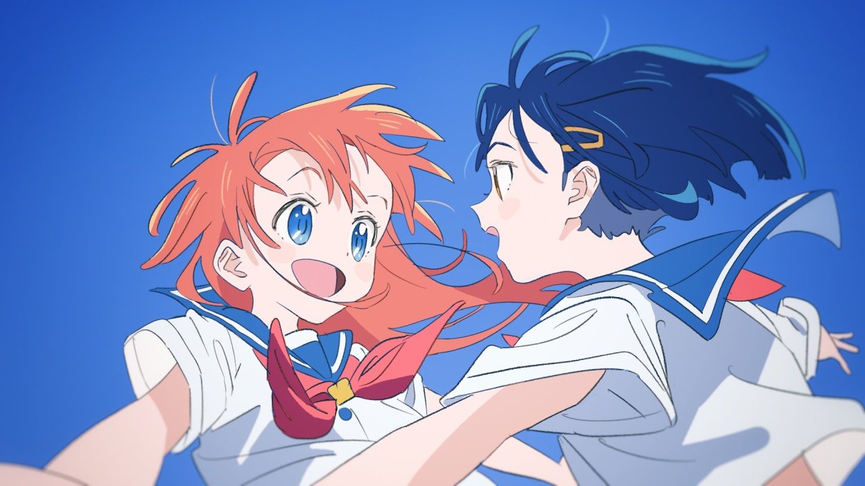 2girls :d :o blue_background blue_eyes blue_hair blue_sailor_collar brown_eyes eye_contact flask00 flip_flappers flip_flappers's_school_uniform hair_ornament hairclip kokomine_cocona long_hair looking_at_another multiple_girls neckerchief open_mouth orange_hair outstretched_arms papika_(flip_flappers) red_neckerchief sailor_collar school_uniform serafuku shirt short_hair short_sleeves simple_background smile upper_body white_shirt