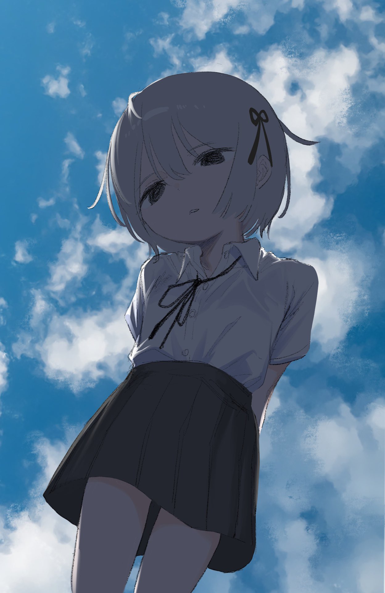1girl arms_behind_back backlighting black_eyes black_ribbon blue_sky clouds cloudy_sky collared_shirt day feet_out_of_frame from_below grey_hair hair_flaps hair_ribbon head_tilt highres looking_down loose_neck_ribbon open_mouth original pleated_skirt popped_collar ribbon school_uniform shirt shirt_tucked_in short_hair short_sleeves sidelocks skirt sky solo standing takanashi_natsuo