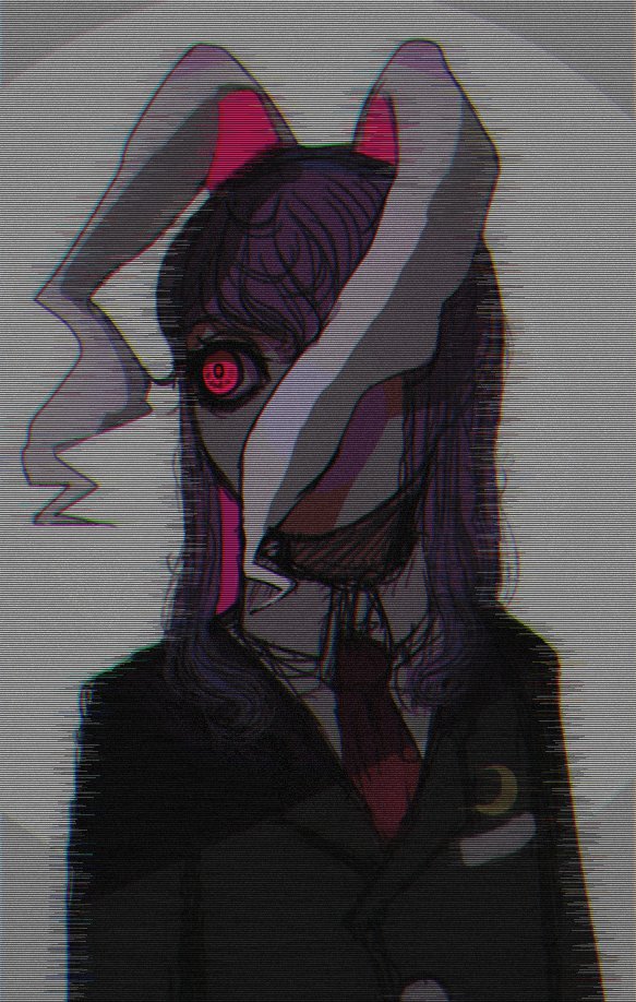 1girl animal_ears bad_id bad_twitter_id blazer collared_shirt crescent crescent_pin glitch jacket long_hair looking_to_the_side n0een necktie purple_hair rabbit_ears rabbit_girl red_eyes red_necktie reisen_udongein_inaba shirt sketch touhou upper_body white_shirt