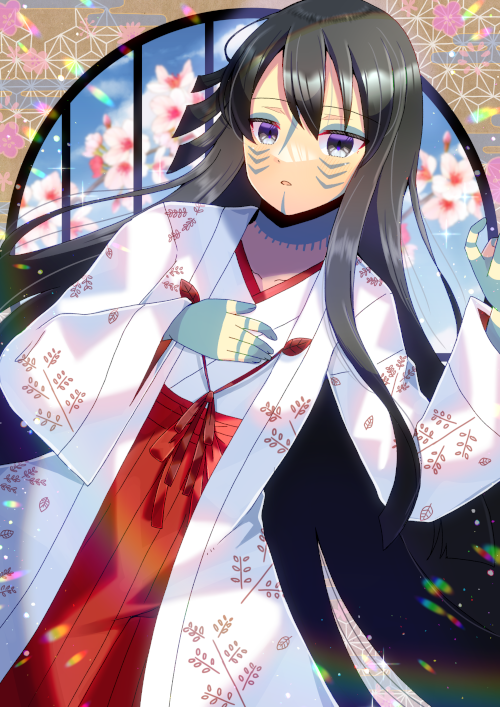 1girl black_hair blue_sky branch clouds commentary_request commission day egasumi facial_mark flower grey_eyes hair_between_eyes hakama hakama_skirt japanese_clothes kimono kou_hiyoyo long_hair long_sleeves looking_at_viewer open_clothes original parted_lips pink_flower red_hakama round_window skeb_commission skirt sky solo very_long_hair white_kimono wide_sleeves window