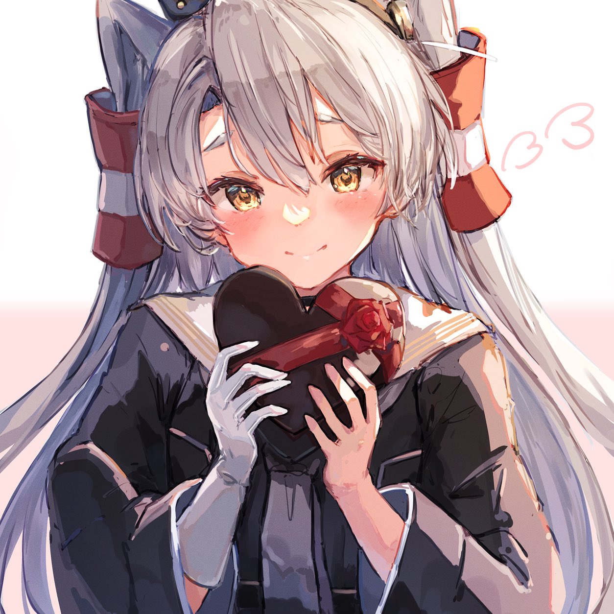 1girl amatsukaze_(kancolle) amatsukaze_kai_ni_(kancolle) aruka blush box brown_eyes dress gift gloves grey_hair grey_neckerchief hair_between_eyes hair_tubes hairband happy_valentine heart heart-shaped_box highres holding holding_gift kantai_collection long_hair long_sleeves looking_at_viewer neckerchief orange_eyes sailor_collar sailor_dress short_dress simple_background single_glove smile solo two_side_up upper_body valentine white_background white_sailor_collar