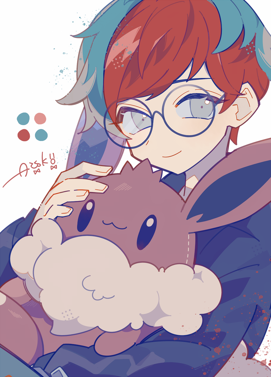 1girl auko black_hoodie blue_hair color_guide commentary_request eevee glasses grey_eyes highres holding holding_stuffed_toy hood hoodie looking_at_viewer multicolored_hair penny_(pokemon) pokemon pokemon_sv redhead round_eyewear signature simple_background smile solo stuffed_toy two-tone_hair upper_body white_background