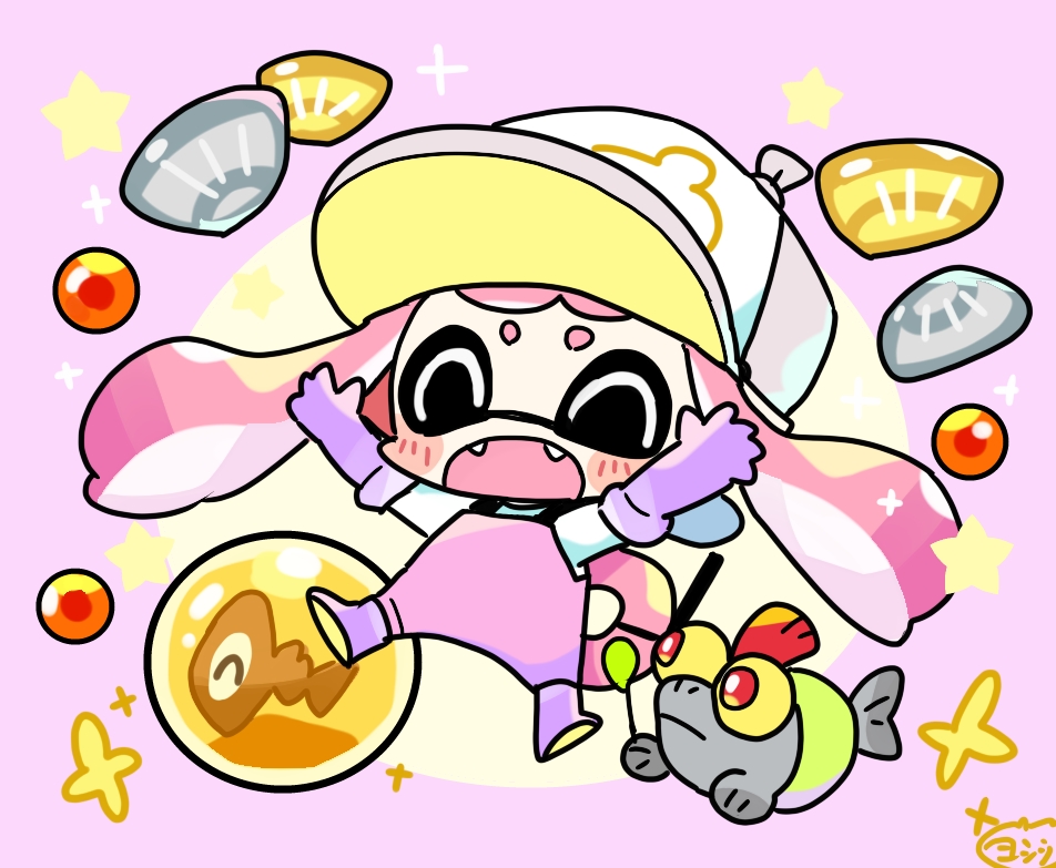 1girl balloon baseball_cap boots chibi closed_eyes commentary_request fangs full_body gloves golden_egg hat holding holding_balloon inkling_girl inkling_player_character jumping jumpsuit long_hair open_mouth pink_hair purple_background purple_footwear purple_gloves rubber_boots rubber_gloves salmon_run_(splatoon) smallfry_(splatoon) smile sparkle splatoon_(series) splatoon_3 star_(symbol) tentacle_hair yoshishi_(yosisitoho)