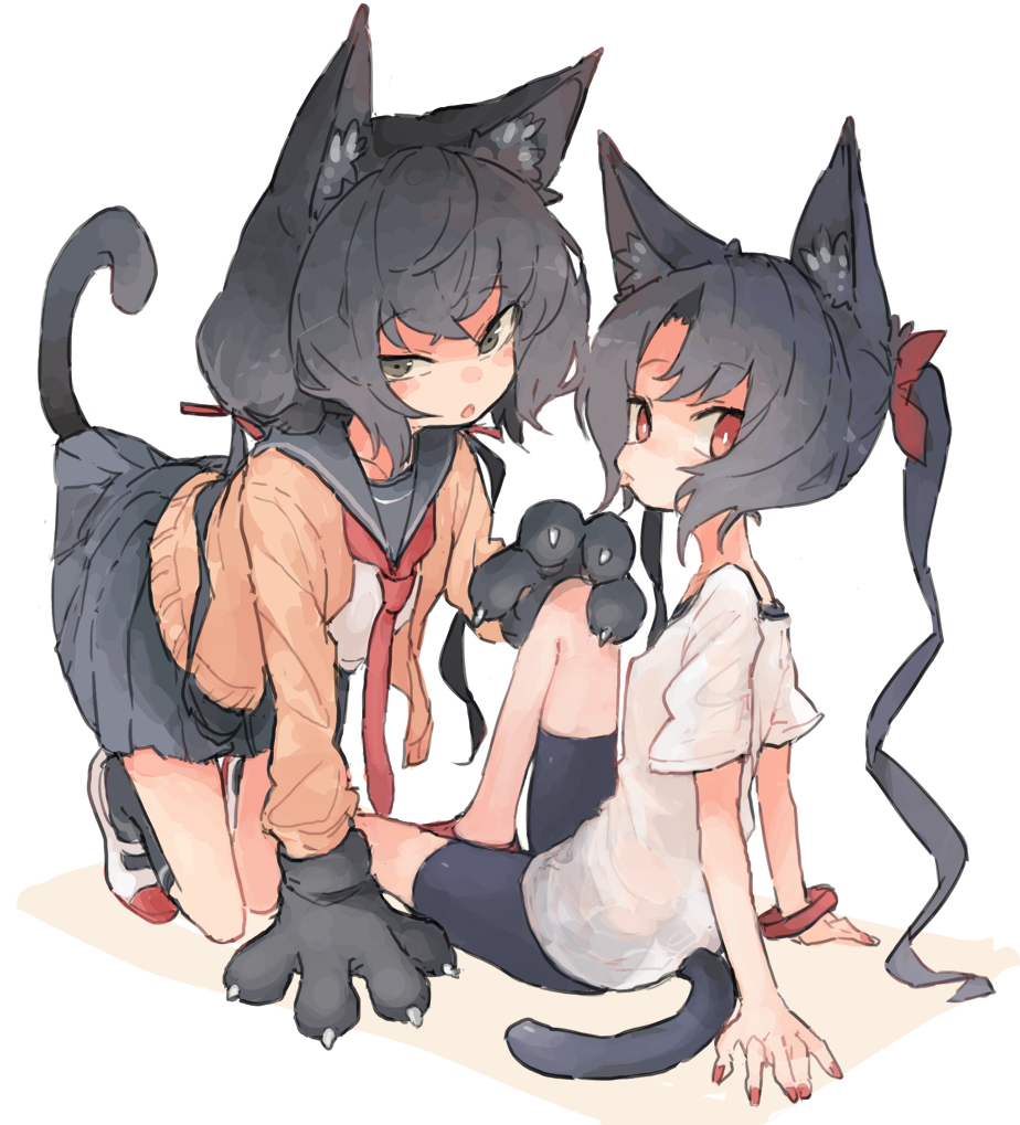 2girls all_fours animal_ear_fluff animal_ears animal_hands ankle_socks black_hair black_sailor_collar black_serafuku black_shorts black_skirt black_socks bracelet bright_pupils cardigan cat_ears cat_girl cat_tail claws closed_mouth full_body gloves green_eyes hand_on_another's_knee hand_up jewelry kasa_(hitori_sanka) knees_up lifted_by_tail long_hair long_sleeves looking_at_viewer looking_back low_twintails multiple_girls necktie open_cardigan open_clothes open_mouth orange_sweater original paw_gloves pleated_skirt red_eyes red_nails red_necktie sailor_collar school_uniform see-through see-through_shirt serafuku shirt short_sleeves shorts simple_background sitting skirt socks sweater t-shirt tail tail_raised tongue tongue_out twintails two_side_up white_background white_footwear white_pupils white_shirt