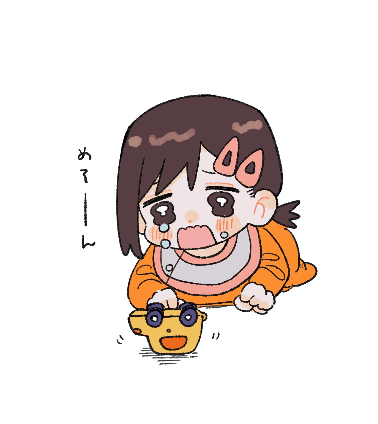 1girl aged_down baby bib brown_eyes brown_hair chainsaw_man commentary crying crying_with_eyes_open gurukousu hair_ornament hairclip higashiyama_kobeni highres open_mouth solo tears toy_car wavy_eyes