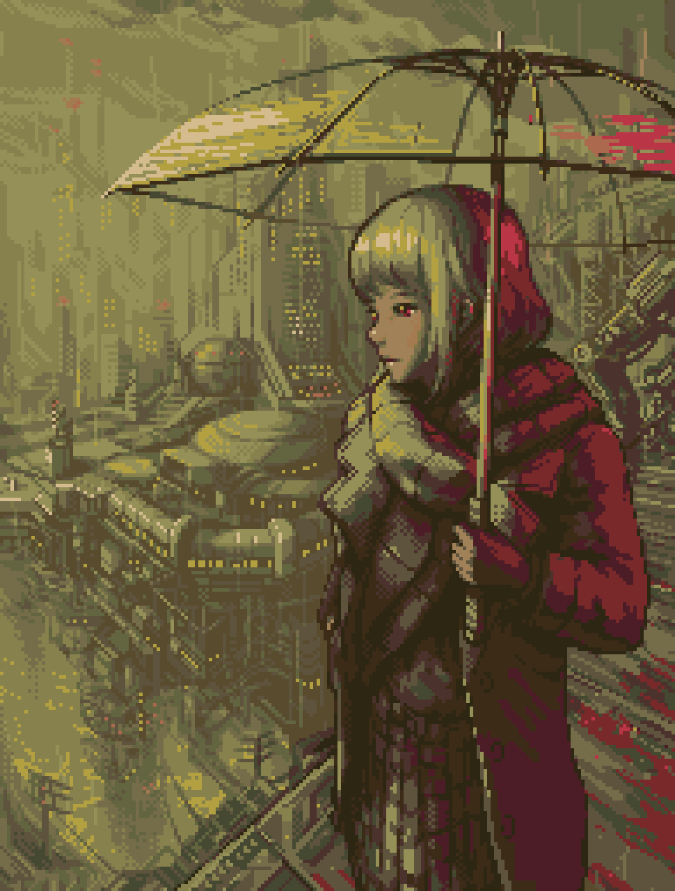 1girl animated animated_gif building cityscape coat english_commentary grey_sky hby_stuff highres holding holding_umbrella long_sleeves medium_hair original outdoors rain red_eyes scarf skirt sky skyscraper solo standing transparent transparent_umbrella umbrella winking_(animated)