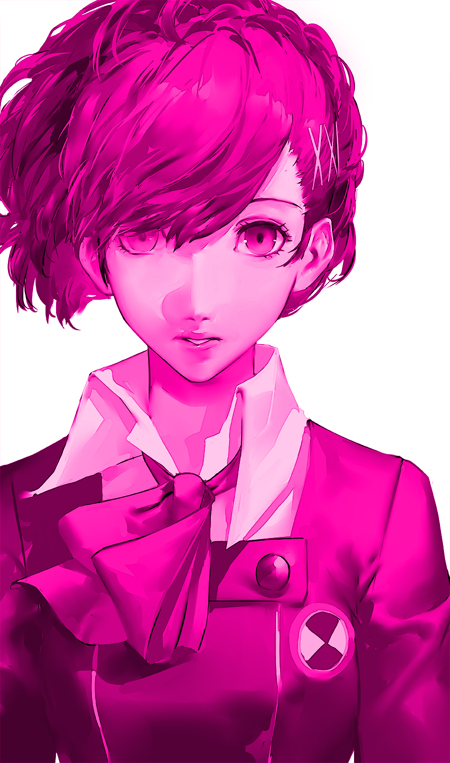 1girl blazpu bow bowtie collared_shirt gekkoukan_high_school_uniform hair_over_one_eye highres jacket looking_at_viewer monochrome parted_lips persona persona_3 persona_3_portable ponytail school_uniform shiomi_kotone shirt simple_background solo upper_body