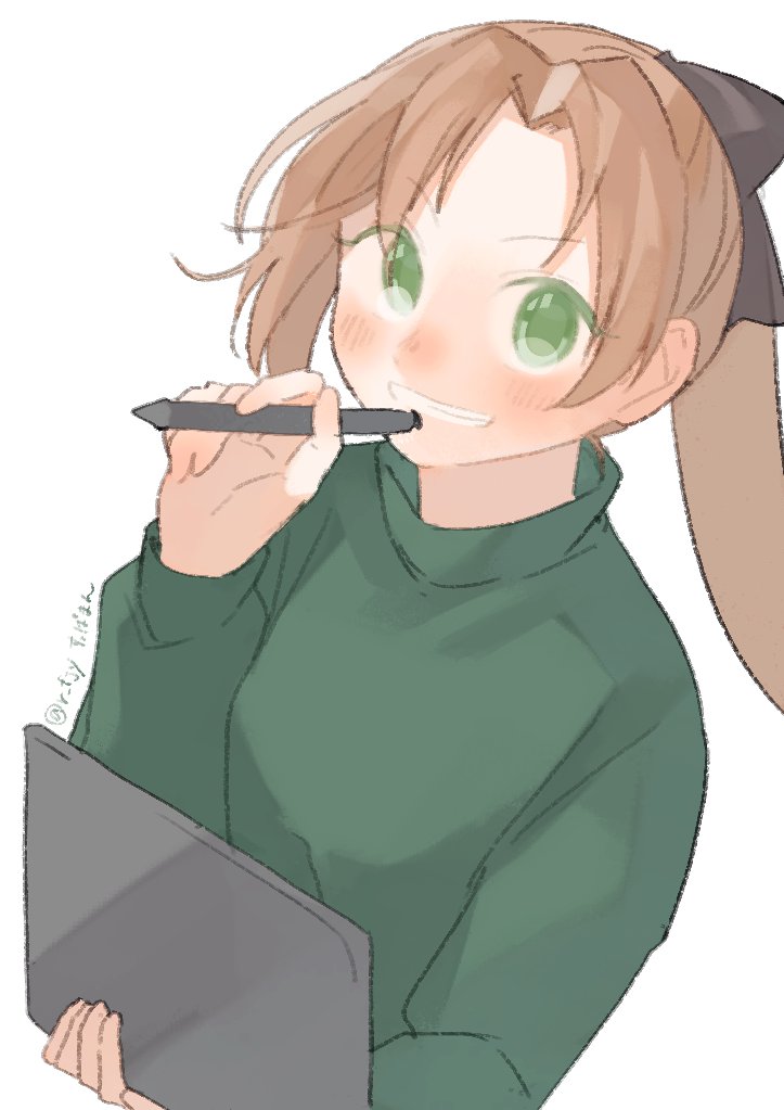 1girl akigumo_(kancolle) brown_hair drawing_tablet green_eyes green_sweater grin hair_ribbon kantai_collection long_hair looking_at_viewer official_alternate_costume one-hour_drawing_challenge ribbon simple_background smile solo stylus suppaman_(rfjy) sweater upper_body white_background