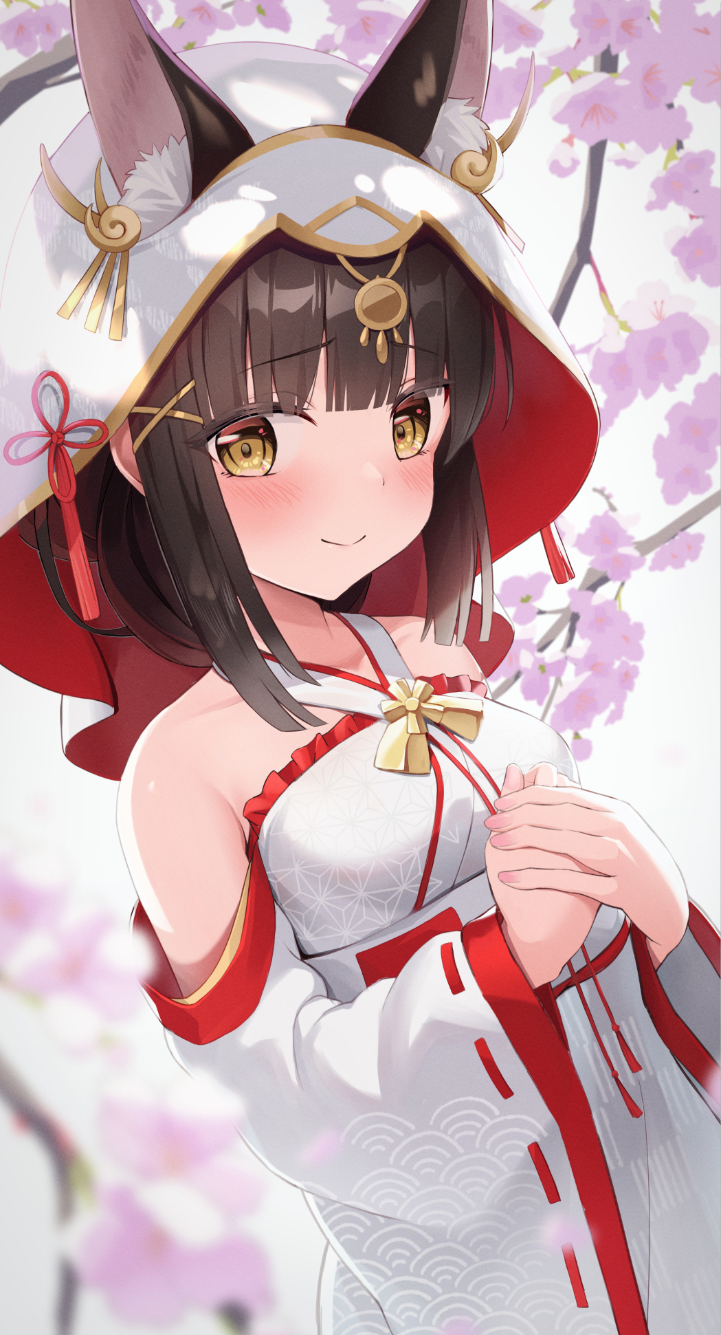 1girl animal_ear_fluff animal_ears azur_lane bare_shoulders black_hair blush breasts cherry_blossoms closed_mouth commentary commission detached_sleeves dress ears_through_headwear extra_ears fox_ears fox_girl hair_ornament highres hood hood_up humo long_sleeves looking_at_viewer nagato_(azur_lane) nagato_(great_fox's_white_gown)_(azur_lane) official_alternate_costume pixiv_commission small_breasts smile solo white_dress white_sleeves x_hair_ornament yellow_eyes