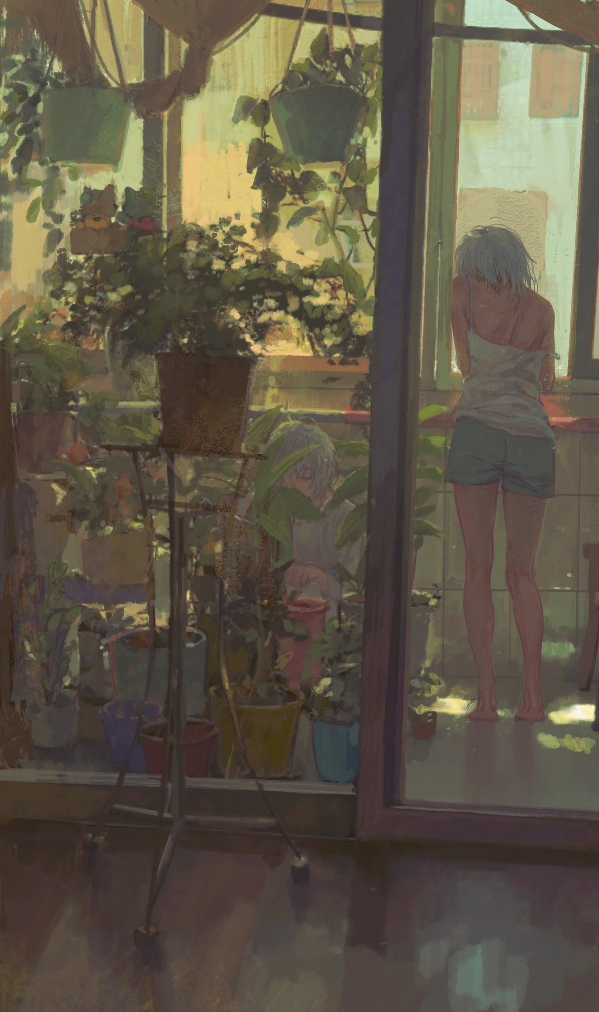 1boy 1girl bare_arms bare_legs bare_shoulders blue_shorts closed_eyes colored_eyelashes day feet from_behind full_body hands_on_table hanging_plant highres indoors medium_hair original plant poster_(object) potted_plant qunqing123 shirt short_sleeves shorts shoulder_blades spaghetti_strap strap_slip sunlight t-shirt tank_top upper_body vines white_hair white_shirt white_sleeves white_tank_top