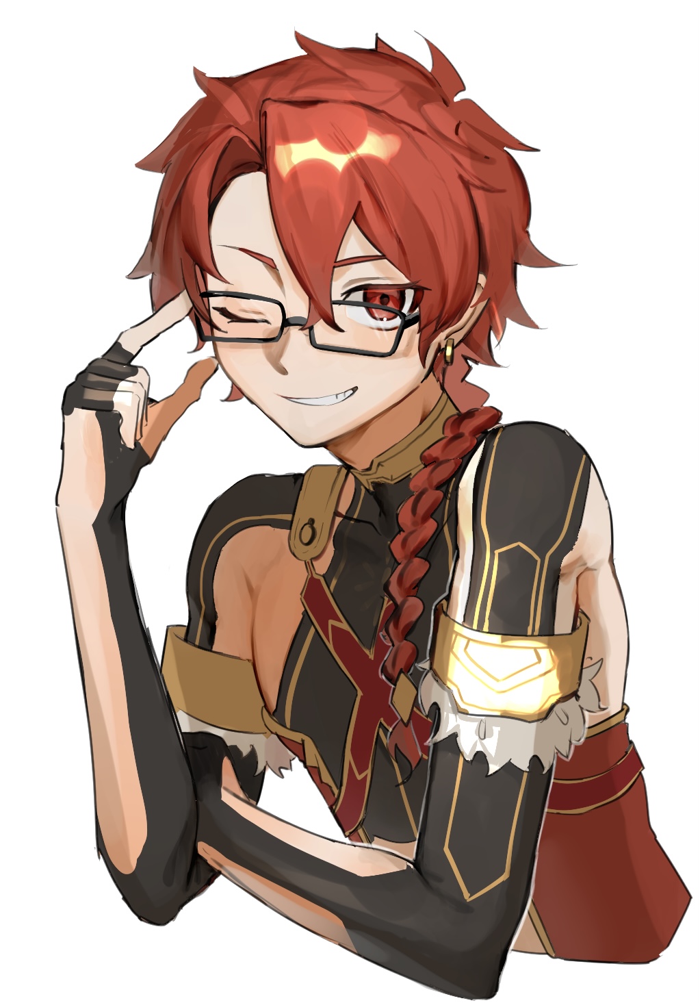 1boy alexander_(fate) bespectacled braid cropped_torso earrings eyelashes fate/grand_order fate_(series) fingerless_gloves glasses gloves hair_between_eyes highres jewelry long_hair looking_at_viewer male_focus one_eye_closed rectangular_eyewear red_eyes redhead simple_background solo tokoni_fusu white_background