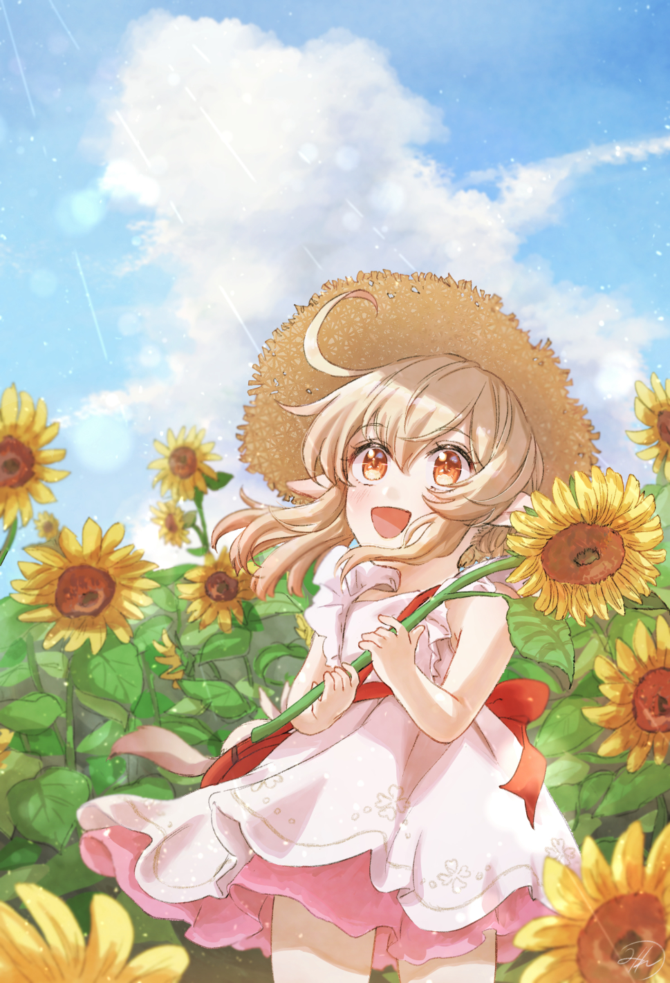 1girl ahoge alternate_costume bag bare_shoulders blonde_hair blue_sky child clouds dress field flower flower_field frilled_dress frills genshin_impact hat highres holding holding_flower hotoritan klee_(genshin_impact) looking_up low_twintails medium_hair open_mouth orange_eyes outdoors pointy_ears red_bag sidelocks sky sleeveless sleeveless_dress straw_hat sunflower sunflower_field twintails two-tone_dress