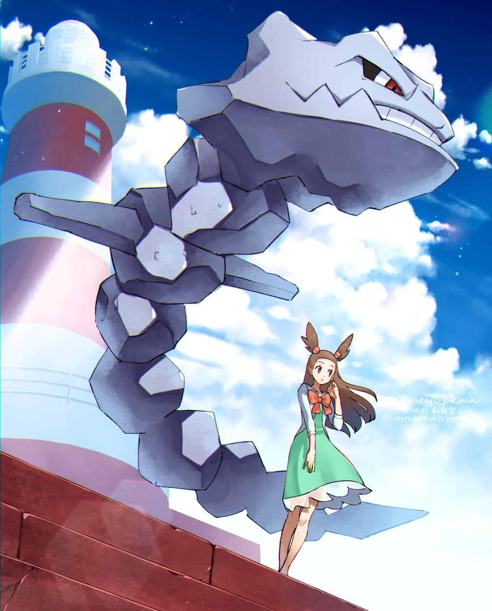 1girl bow bowtie brown_hair closed_mouth clouds commentary_request day dress floating_hair from_below green_dress hair_bobbles hair_ornament hand_up highres jacket jasmine_(pokemon) knees lighthouse long_hair meiji_ken orange_bow orange_bowtie outdoors pokemon pokemon_(creature) pokemon_hgss sky stairs standing steelix two_side_up white_jacket