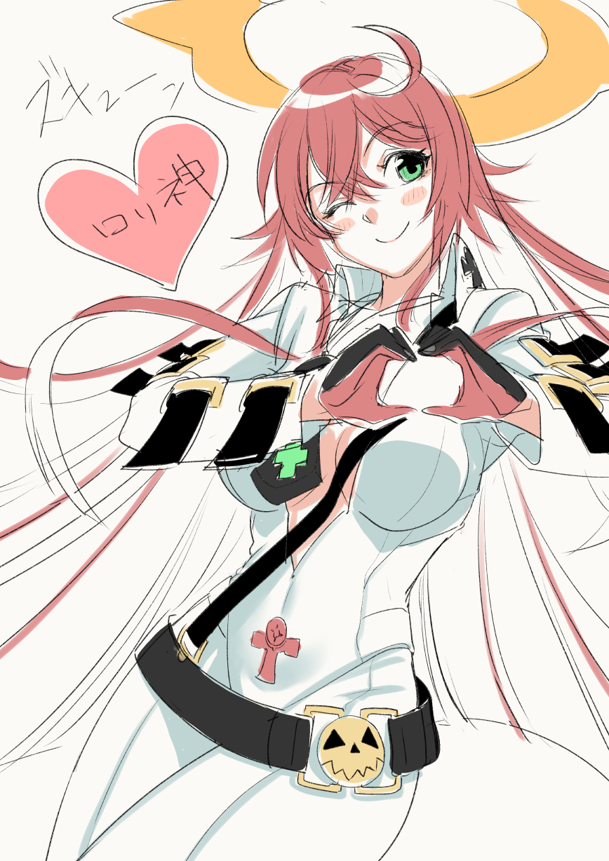 belt blush bodysuit breasts copyright_request guilty_gear guilty_gear_strive heart heart_hands highres jack-o'_valentine kusu_(moo1225) one_eye_closed redhead solo solo_focus white_hair