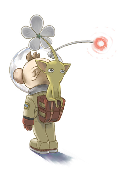 1boy backpack bag belt belt_bag belt_buckle big_nose black_eyes brown_hair buckle colored_skin commentary_request flower from_behind full_body gloves helmet looking_ahead male_focus naru_(wish_field) no_mouth olimar orange_belt patch pikmin_(creature) pikmin_(series) pointy_ears radio_antenna red_bag red_gloves red_light shadow short_hair simple_background sitting sitting_on_person space_helmet spacecraft very_short_hair white_background white_flower yellow_pikmin yellow_skin