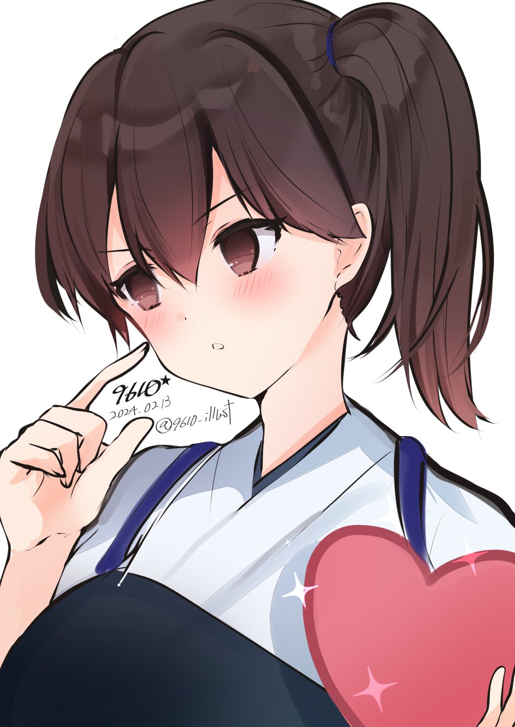 1girl 9610_(kuroto) artist_name black_hair brown_eyes dated heart highres holding japanese_clothes kaga_(kancolle) kantai_collection long_hair looking_to_the_side muneate one-hour_drawing_challenge parted_lips side_ponytail solo twitter_username upper_body
