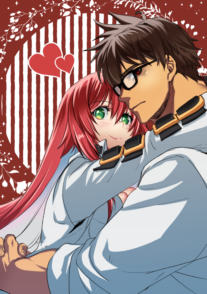abs bodysuit breasts brown_hair copyright_request couple glasses green_eyes guilty_gear guilty_gear_strive heart highres husband_and_wife jack-o'_valentine kusu_(moo1225) looking_at_viewer pectorals red_background redhead sol_badguy white_hair