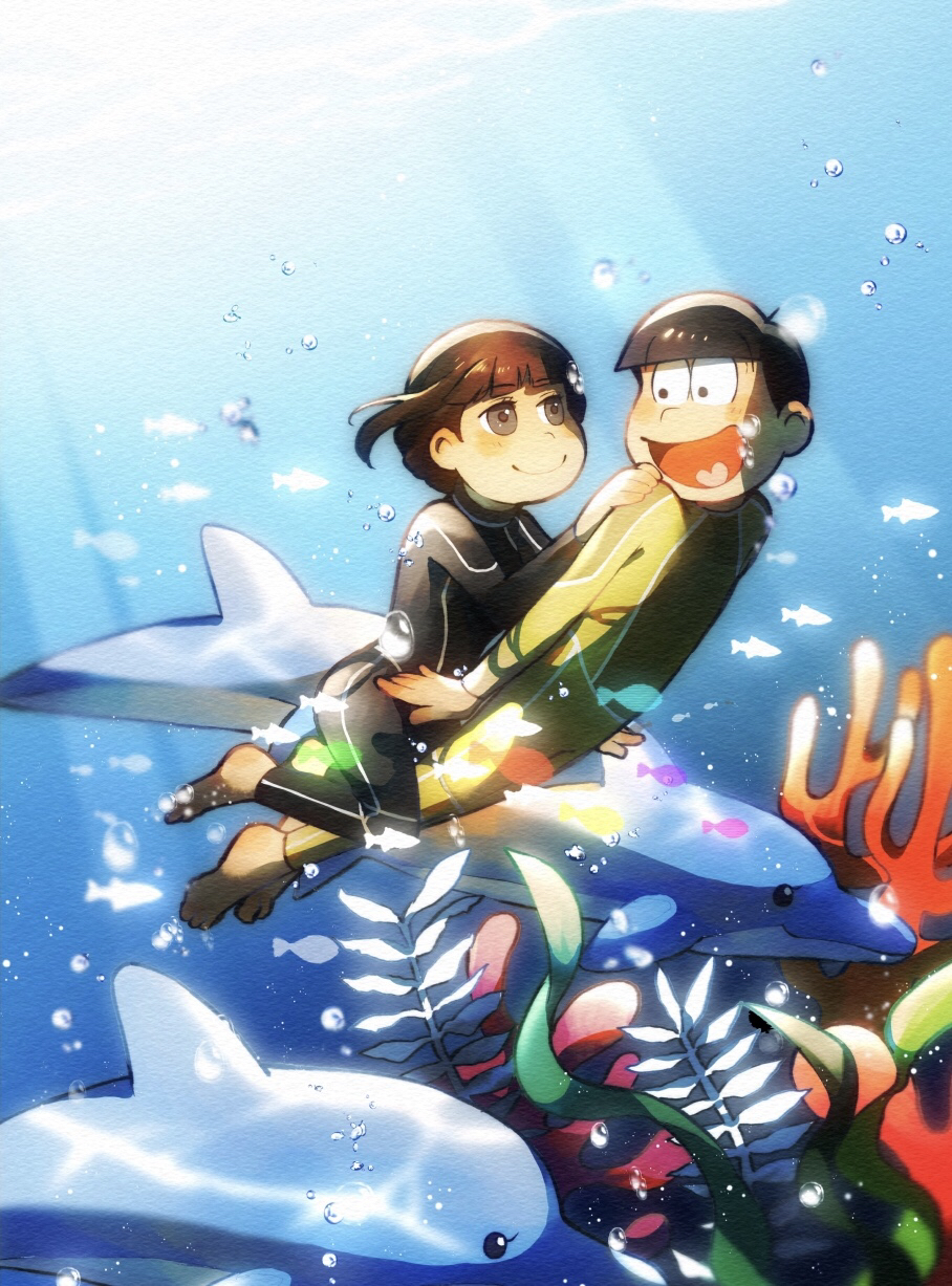 1boy 1girl ahoge air_bubble arms_on_another's_shoulder barefoot black_wetsuit blush brown_eyes brown_hair bubble carrying carrying_person coral dolphin freediving hetero highres jyushimatsu's_girlfriend matsuno_jyushimatsu ocean official_alternate_costume official_alternate_hairstyle osomatsu-san ouka_(stan) school_of_fish seaweed smile swimming underwater yellow_wetsuit
