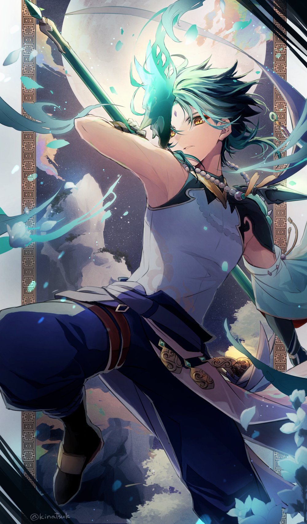1boy aqua_hair arm_tattoo arm_up armor artist_name baggy_pants belt black_footwear black_gloves black_hair black_mask blue_pants boots border detached_sleeves eyeshadow facial_mark forehead_mark genshin_impact gloves gold_trim gradient_hair hair_between_eyes highres holding holding_polearm holding_weapon jewelry kinatsu_k leg_up long_sleeves looking_at_viewer makeup male_focus mandarin_collar mask mask_on_head moon multicolored_hair necklace night night_sky outside_border pants pearl_necklace petals polearm primordial_jade_winged-spear_(genshin_impact) purple_belt purple_sky red_eyeshadow shirt short_hair shoulder_armor single_bare_shoulder single_detached_sleeve sky sleeveless sleeveless_shirt solo spear standing standing_on_one_leg star_(sky) starry_sky tassel tattoo teeth two-tone_hair v-shaped_eyebrows weapon white_border white_shirt wide_sleeves xiao_(genshin_impact) yellow_eyes