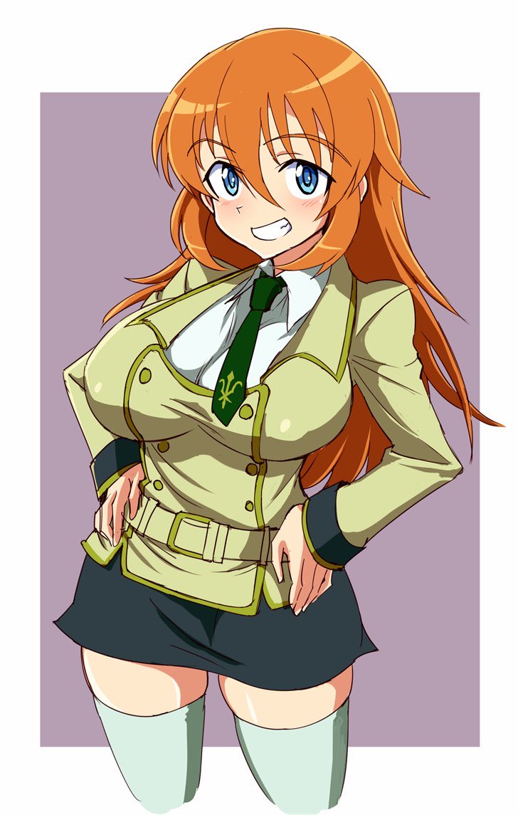 1girl ashford_academy_school_uniform belt black_skirt blue_eyes breasts charlotte_e._yeager code_geass collared_shirt cosplay dress_shirt green_necktie grin hands_on_own_hips jacket kin-san_(sasuraiga) large_breasts long_hair look-alike name_connection necktie orange_hair pencil_skirt purple_background school_uniform shirley_fenette shirley_fenette_(cosplay) shirt skirt smile solo strike_witches thigh-highs two-tone_background white_shirt white_thighhighs world_witches_series yellow_jacket