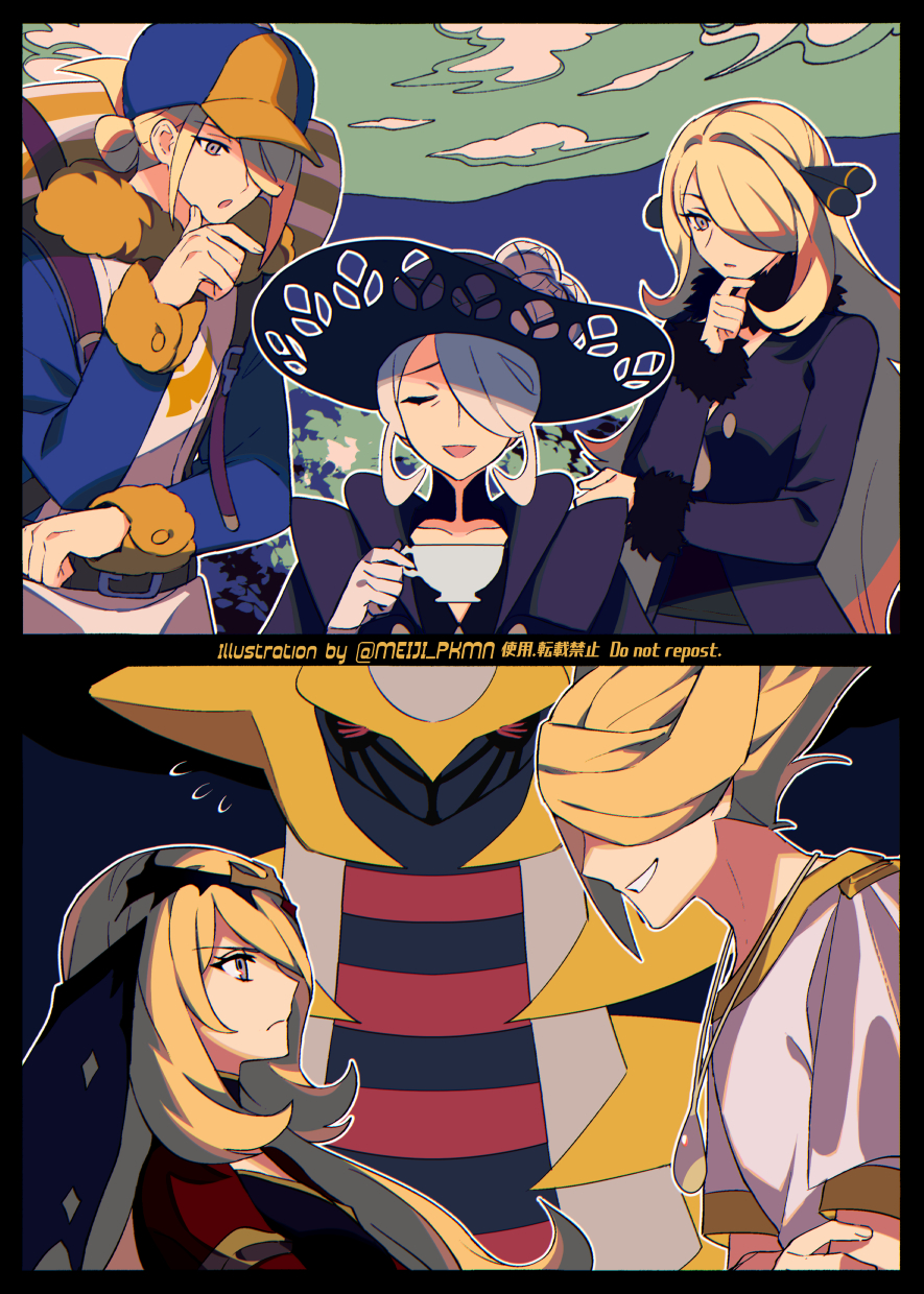 1boy 2girls :d black_headwear blonde_hair blue_jumpsuit closed_eyes closed_mouth cogita_(pokemon) commentary_request cup cynthia_(pokemon) cynthia_(sygna_suit)_(renegade)_(pokemon) flower flying_sweatdrops frown fur-trimmed_jumpsuit fur_trim giratina gloves grey_eyes grey_hair hair_ornament hair_over_one_eye hand_on_own_chin hand_up hat hat_flower highres holding holding_cup jumpsuit long_hair looking_at_another meiji_ken multiple_girls official_alternate_costume open_mouth pokemon pokemon_(creature) pokemon_dppt pokemon_legends:_arceus pokemon_masters_ex smile stroking_own_chin sun_hat teacup volo_(pokemon)