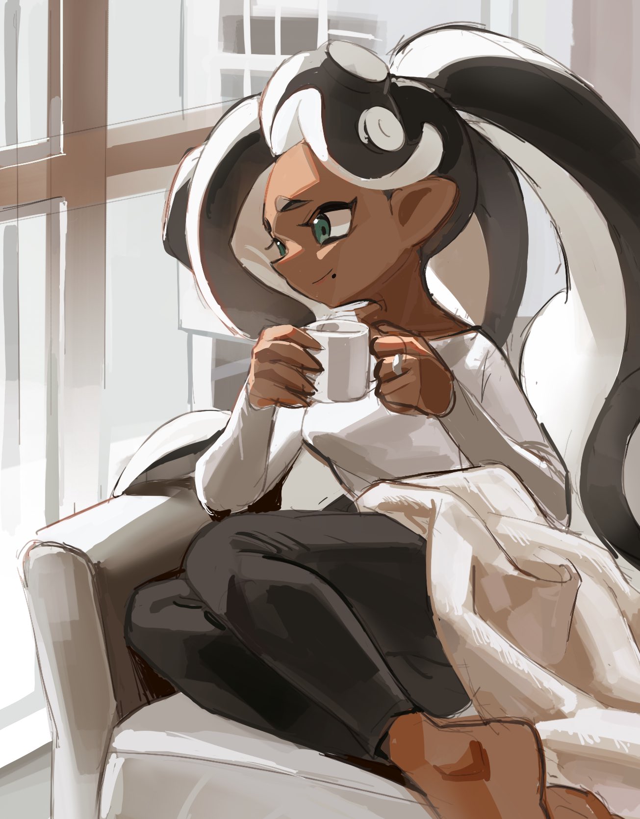 1girl aqua_eyes barefoot black_hair black_pants closed_mouth coffee_mug commentary_request couch cup dark-skinned_female dark_skin eyelashes furrowed_brow highres holding holding_cup indoors long_hair looking_outside marina_(splatoon) mole mole_under_mouth mug nomu_(29_nom) on_couch pants pointy_ears shirt sitting smile splatoon_(series) splatoon_2 tentacle_hair thick_eyebrows white_shirt window