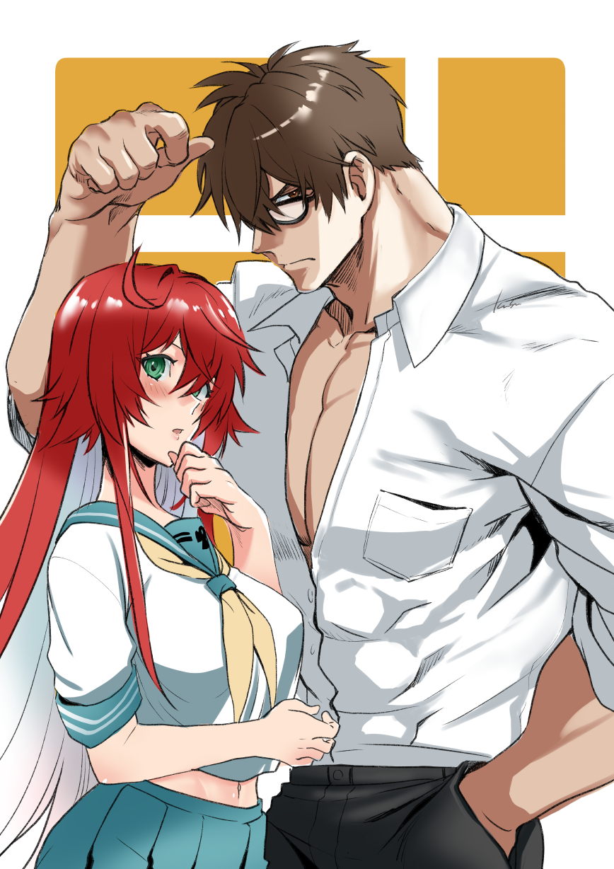 abs breasts brown_hair copyright_request glasses green_eyes guilty_gear guilty_gear_strive highres husband_and_wife jack-o'_valentine kusu_(moo1225) pectorals redhead school_uniform sol_badguy white_hair