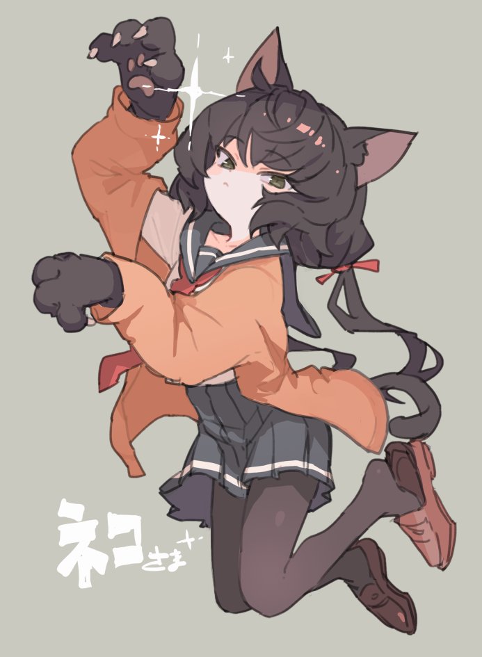1girl animal_ears animal_hands arm_up black_sailor_collar black_serafuku black_skirt brown_footwear brown_hair brown_pantyhose cardigan cat_ears cat_girl cat_tail claws closed_mouth floating full_body gloves green_background green_eyes hair_ribbon hand_up kasa_(hitori_sanka) long_hair long_sleeves looking_at_viewer low_twintails neckerchief open_cardigan open_clothes orange_sweater original pantyhose paw_gloves paw_pose pleated_skirt red_neckerchief red_ribbon ribbon sailor_collar school_uniform serafuku simple_background skirt solo sweater tail translation_request twintails