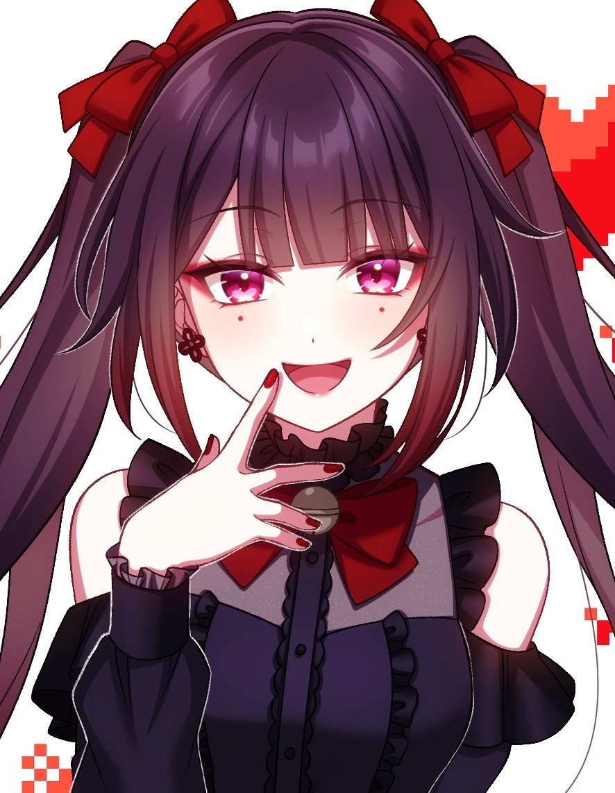1girl bare_shoulders black_shirt bow bowtie brown_hair collarbone finger_to_mouth gradient_hair hand_up honkai:_star_rail honkai_(series) long_bangs long_hair looking_at_viewer multicolored_hair nail_polish off-shoulder_shirt off_shoulder open_mouth pink_eyes pochimaru_(marumaru_wanwan) red_bow red_bowtie red_nails redhead shirt simple_background smile solo sparkle_(honkai:_star_rail) straight-on twintails upper_body white_background