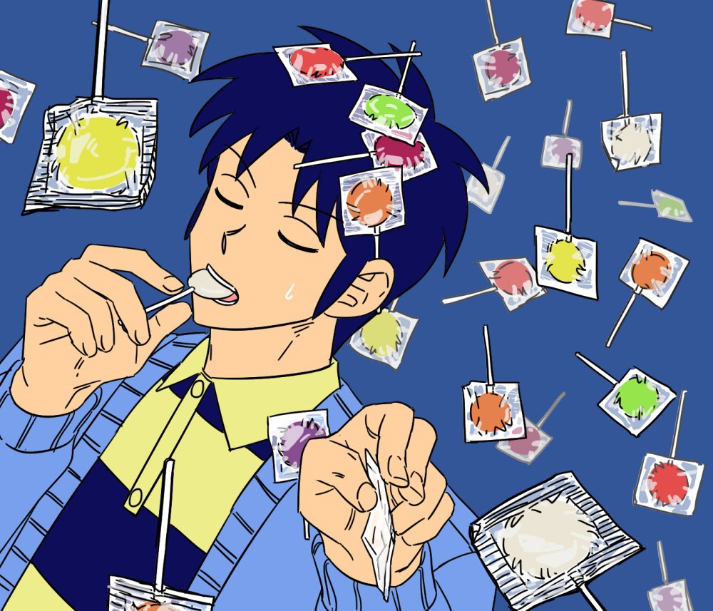 1boy blue_background blue_cardigan blue_hair blue_shirt candy candy_wrapper cardigan closed_eyes collared_shirt commentary_request food food_in_mouth fukumoto_mahjong holding holding_candy holding_food holding_lollipop igawa_hiroyuki lollipop male_focus medium_bangs open_mouth parted_bangs shirt short_hair solo striped_clothes striped_shirt ten_(manga) ttotto upper_body yellow_shirt